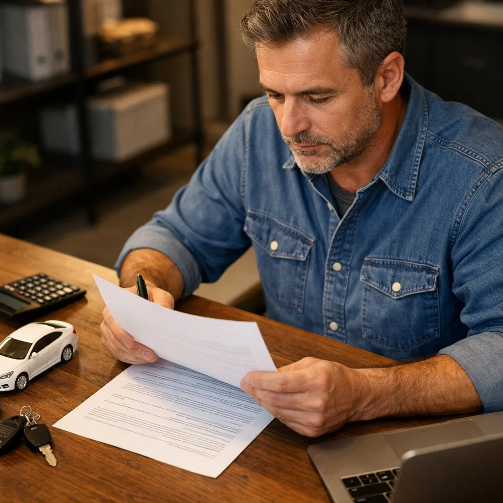 dirigeant de TPE signant un contrat de financement pour véhicule professionnel utilitaire
