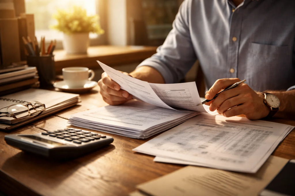 Dirigeant de TPE analysant ses factures et sa trésorerie dans son bureau