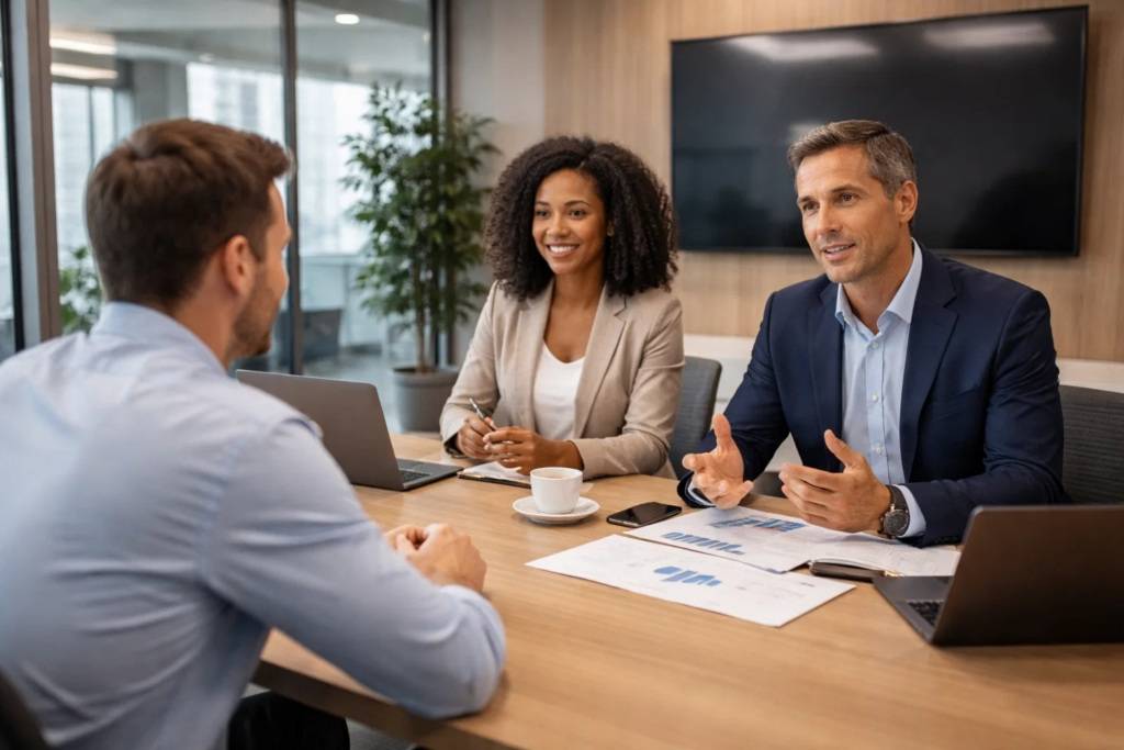 Courtier en financement court terme conseillant un dirigeant d’entreprise