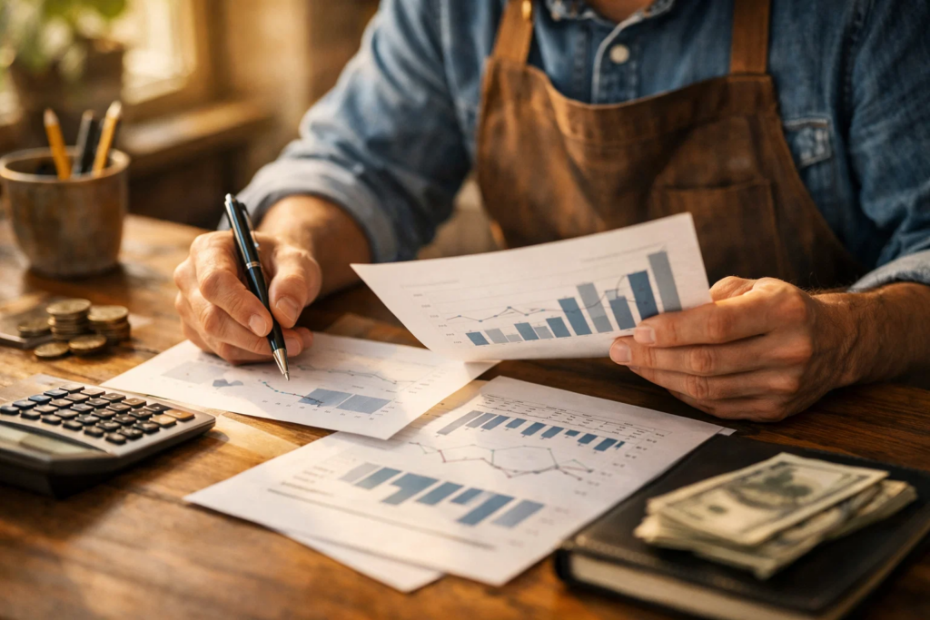 Dirigeant de PME analysant son BFR et sa trésorerie à partir de documents financiers